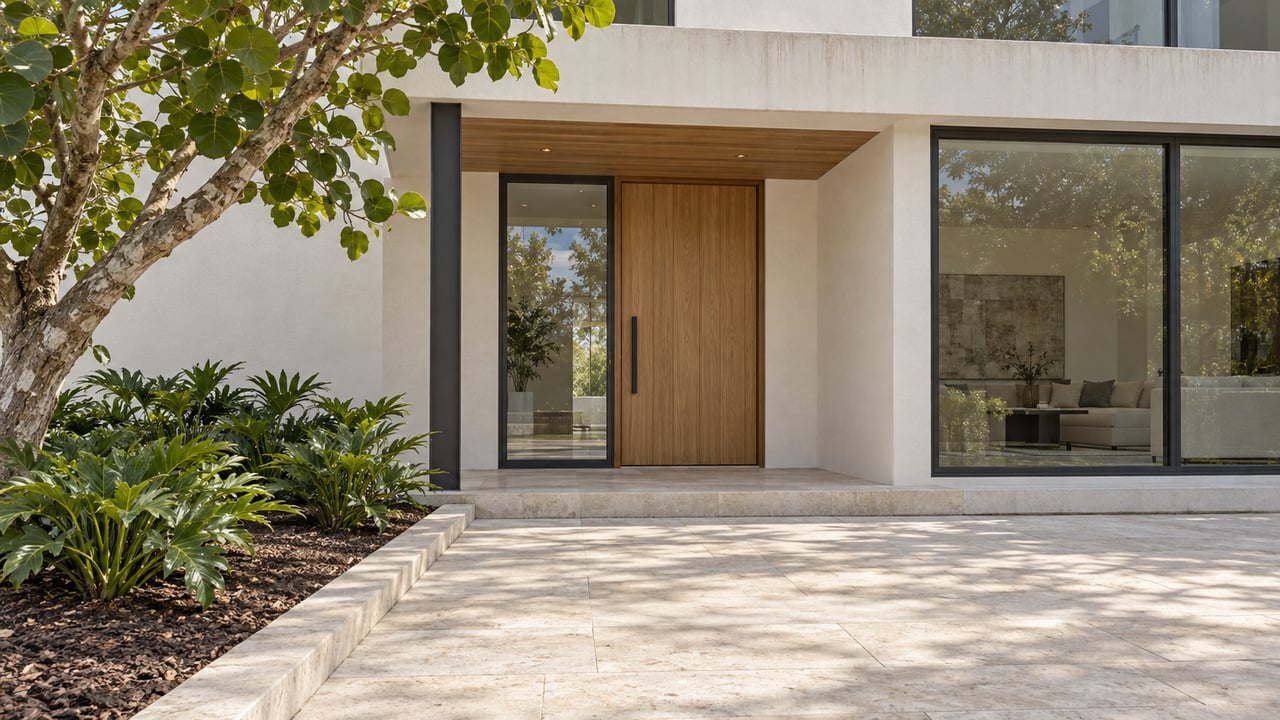 A warm-white modern home entrance with an oak door, dark-framed glazing and pale limestone paving beside a sculptural sea grape tree.
