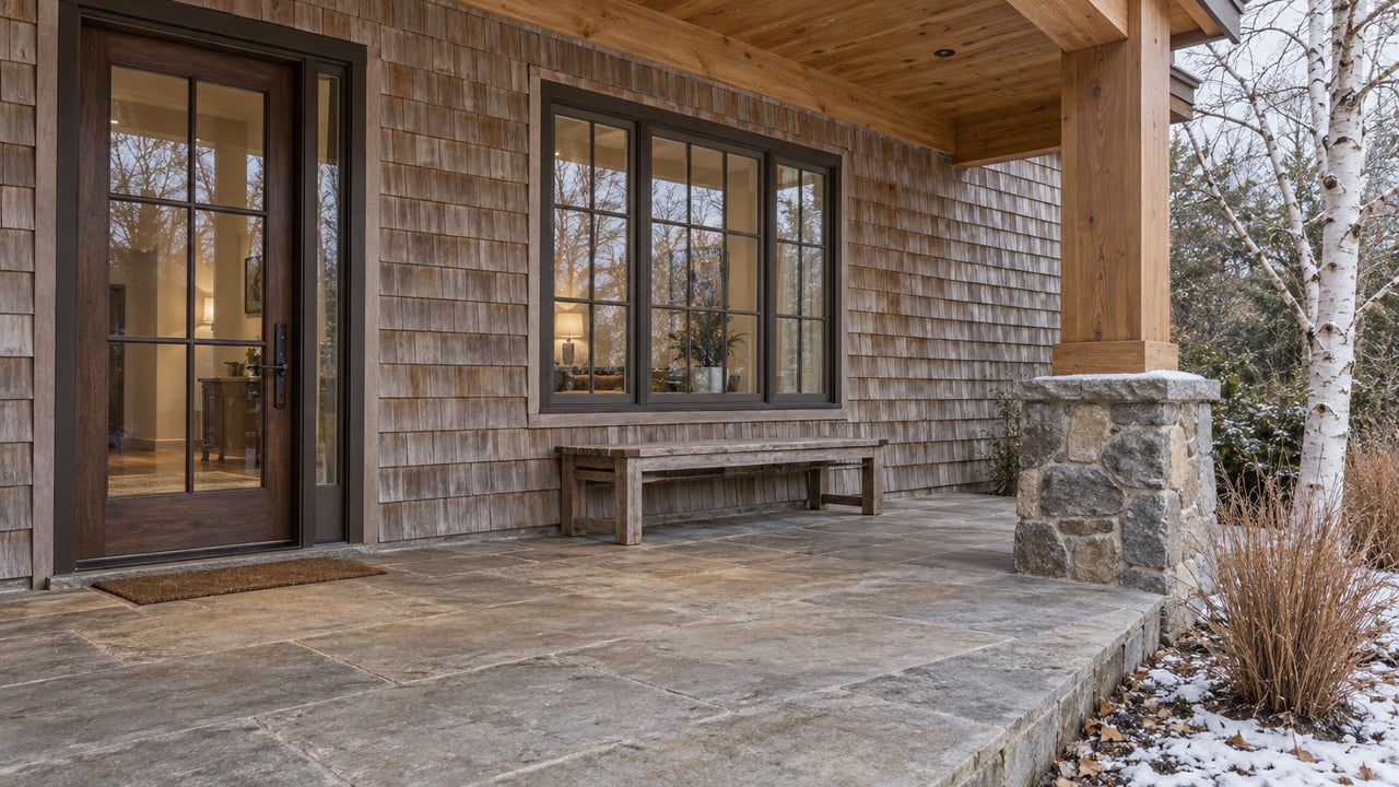Weathered cedar entrance with bronze-framed glazing, fieldstone porch support and a snow-dusted birch planting bed.