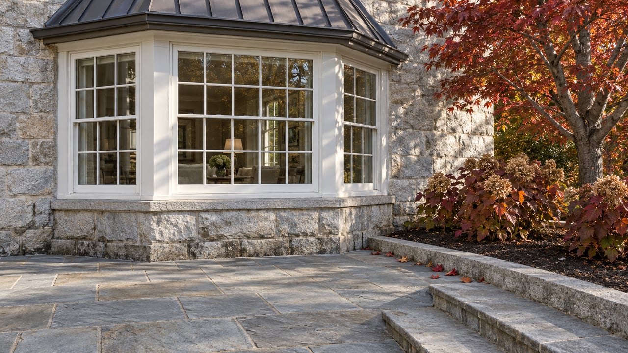 Pale granite home with white multi-pane bay windows above a blue-gray stone terrace, beside red maple foliage and autumn oakleaf hydrangeas.