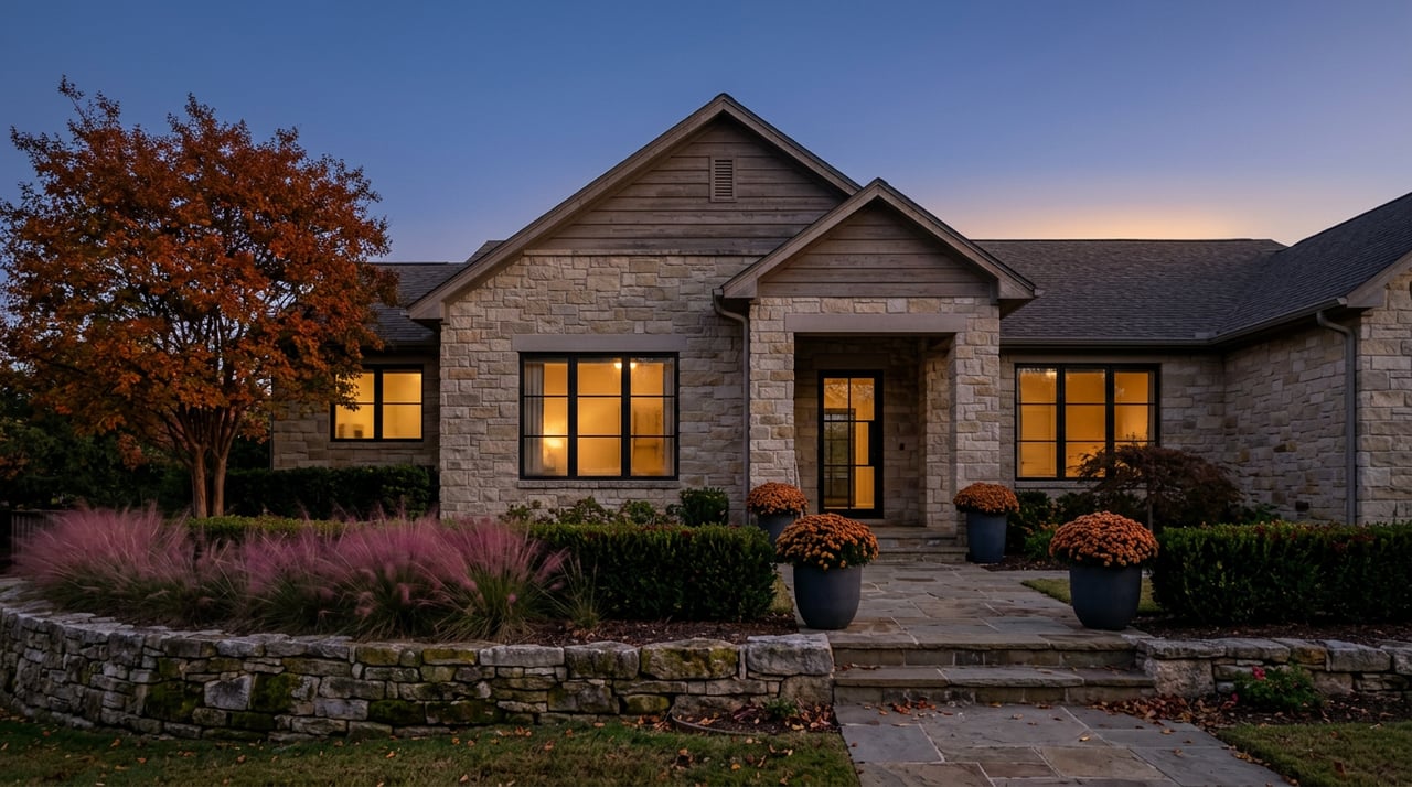 Limestone home with amber-lit windows, a pink-blooming garden bed, and an orange-red tree at dusk.