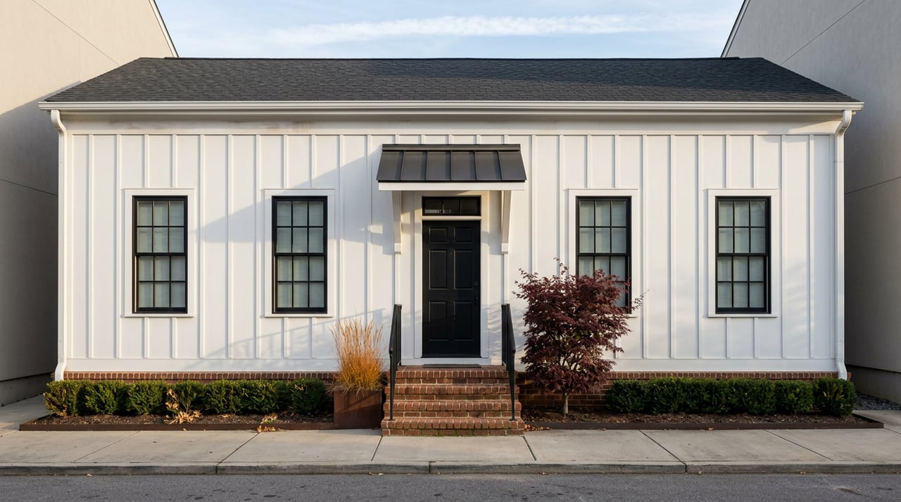 White two-and-a-half-story house with black windows and door, brick stoop, boxwood hedge, and red-purple Japanese maple.