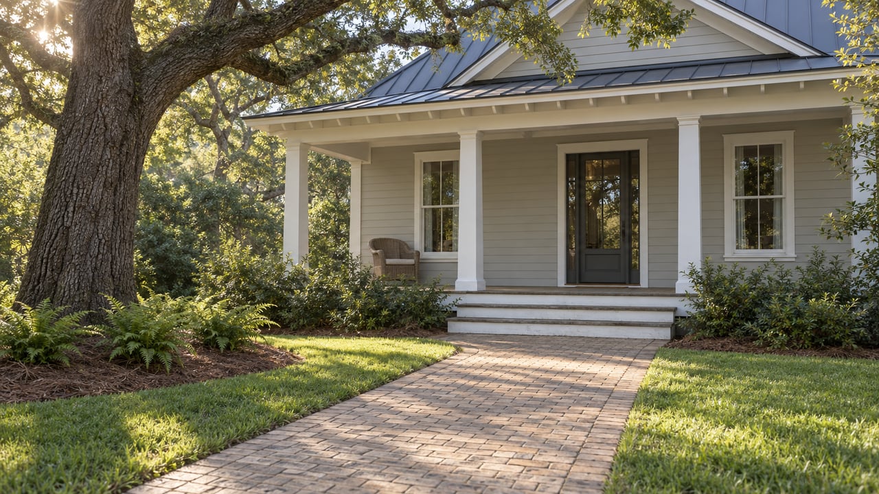 A white-trimmed, pale-gray home with a shaded timber porch, brick approach, and a mature spreading live oak.