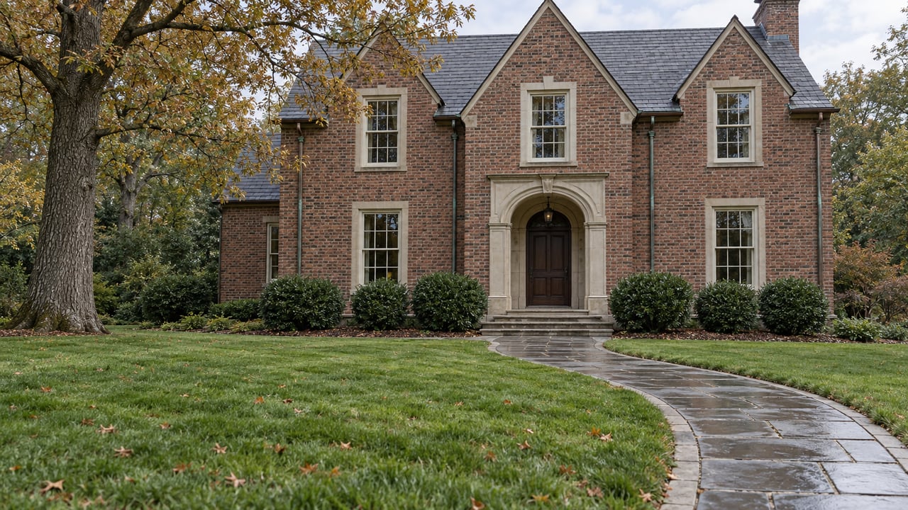 Brick house with a slate roof and arched stone entrance beyond a deep lawn, with a curved bluestone path and mature white oak.