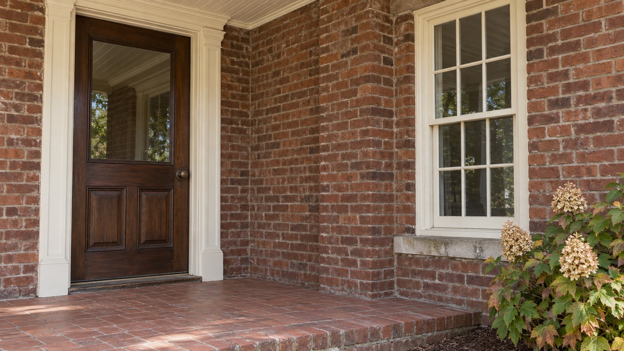 Close view of a walnut front door and cream-painted sash window in weathered russet brick, above a clay-paver porch with an oakleaf hydrangea beside its raised edge.