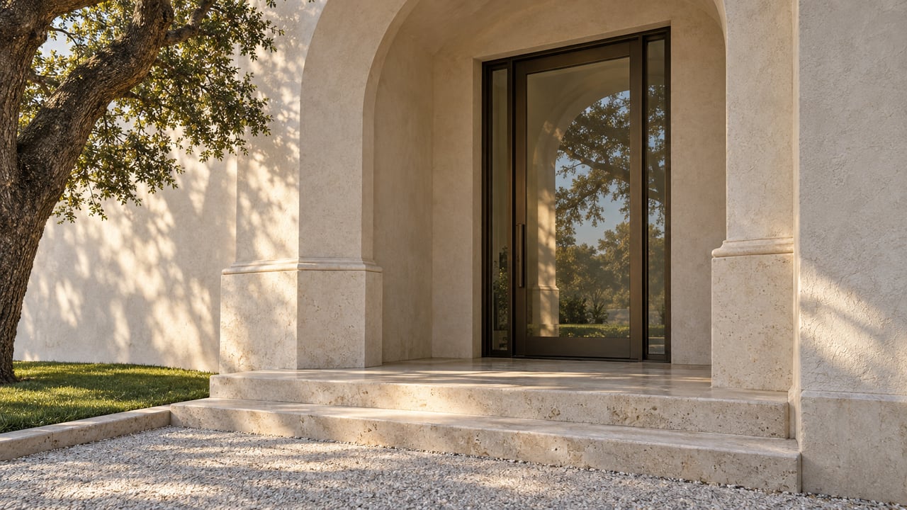 Bronze-framed glass entry door beneath a deep stucco arch, above limestone steps and a shell-aggregate path.