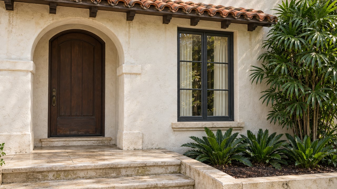 Ivory stucco facade with a recessed arched timber door, terracotta canopy, tall window, and worn limestone entry steps beside fan palms and coontie.