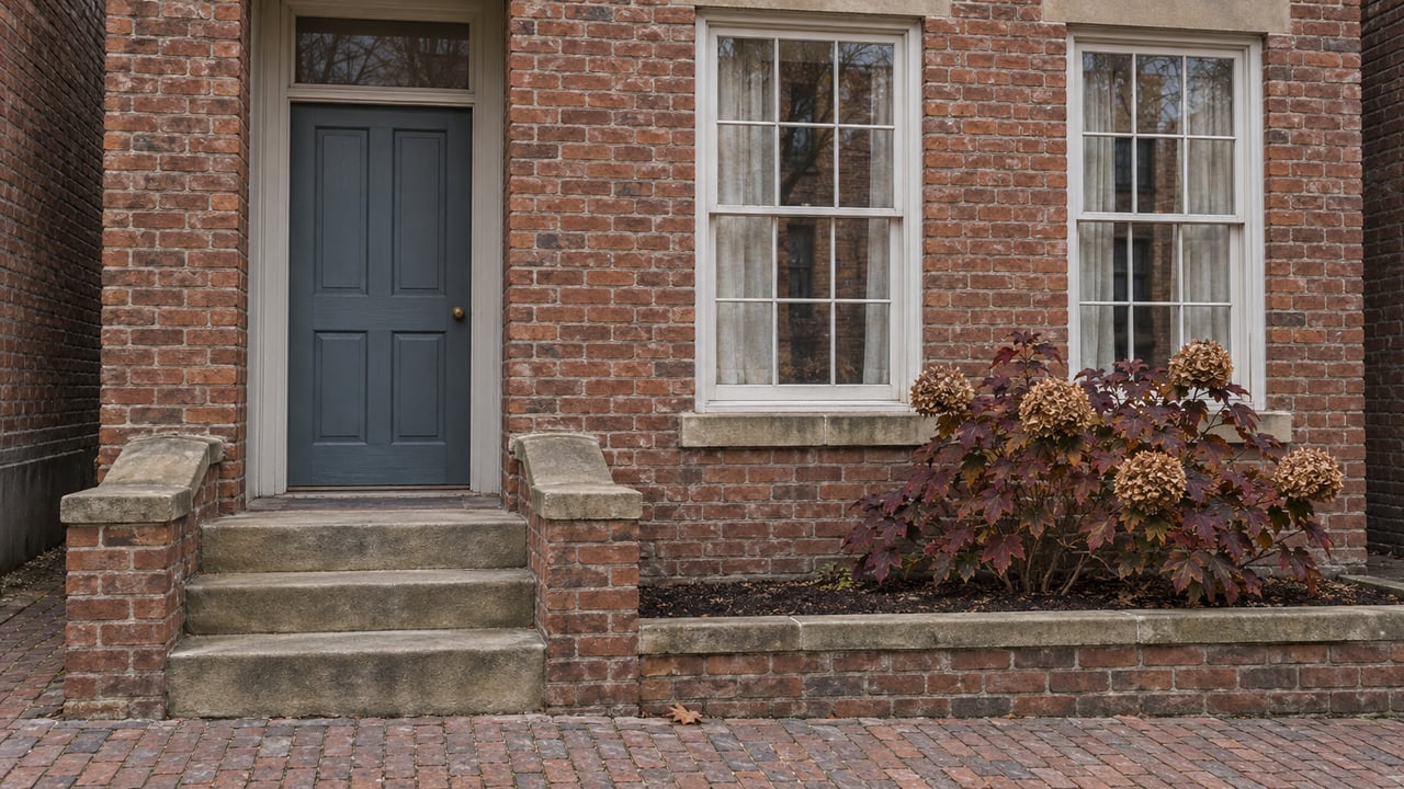 Weathered brick townhouse entrance with blue-gray timber door, sandstone steps, white sash windows, and burgundy oakleaf hydrangea.