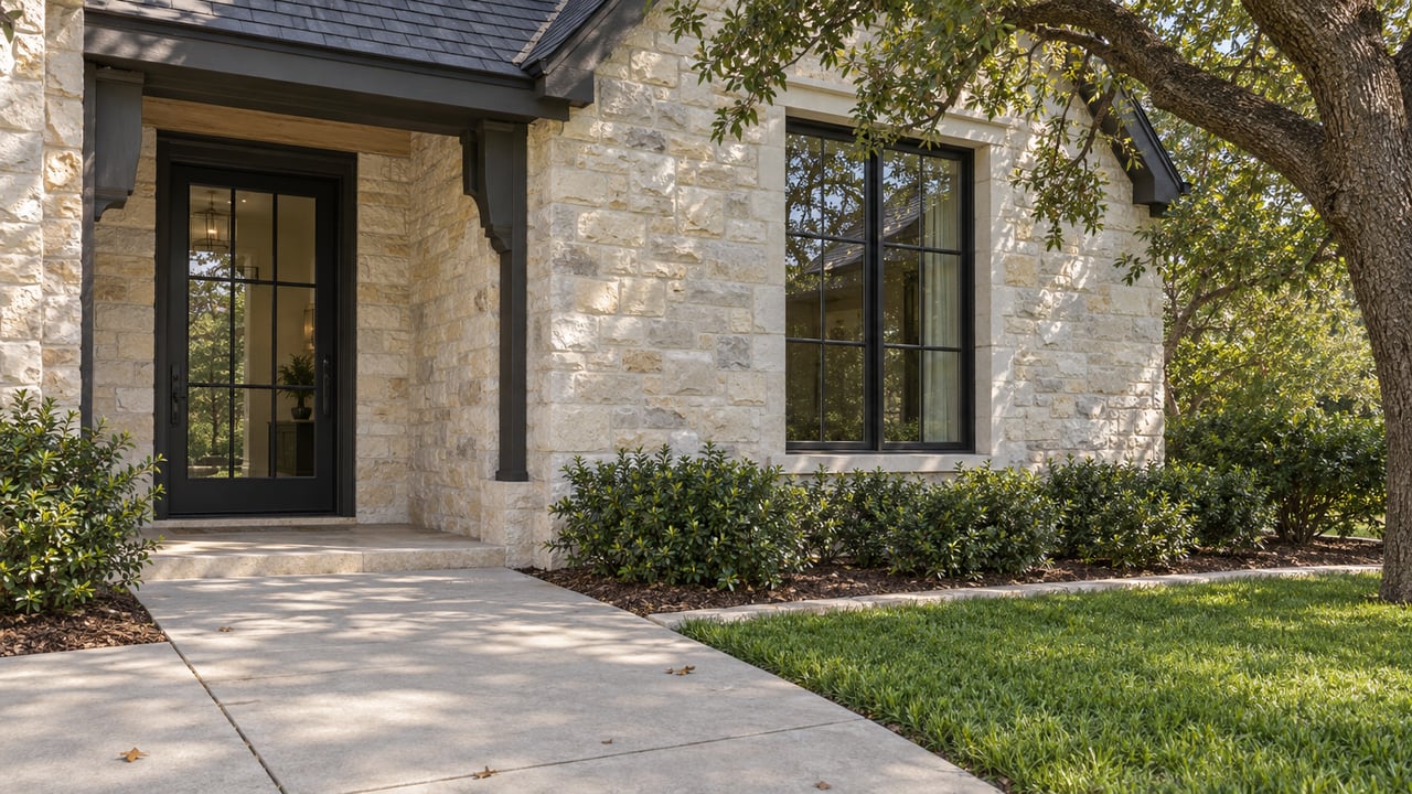 Detached house with a recessed black-framed front door, divided-light window, limestone wall, and lawn.