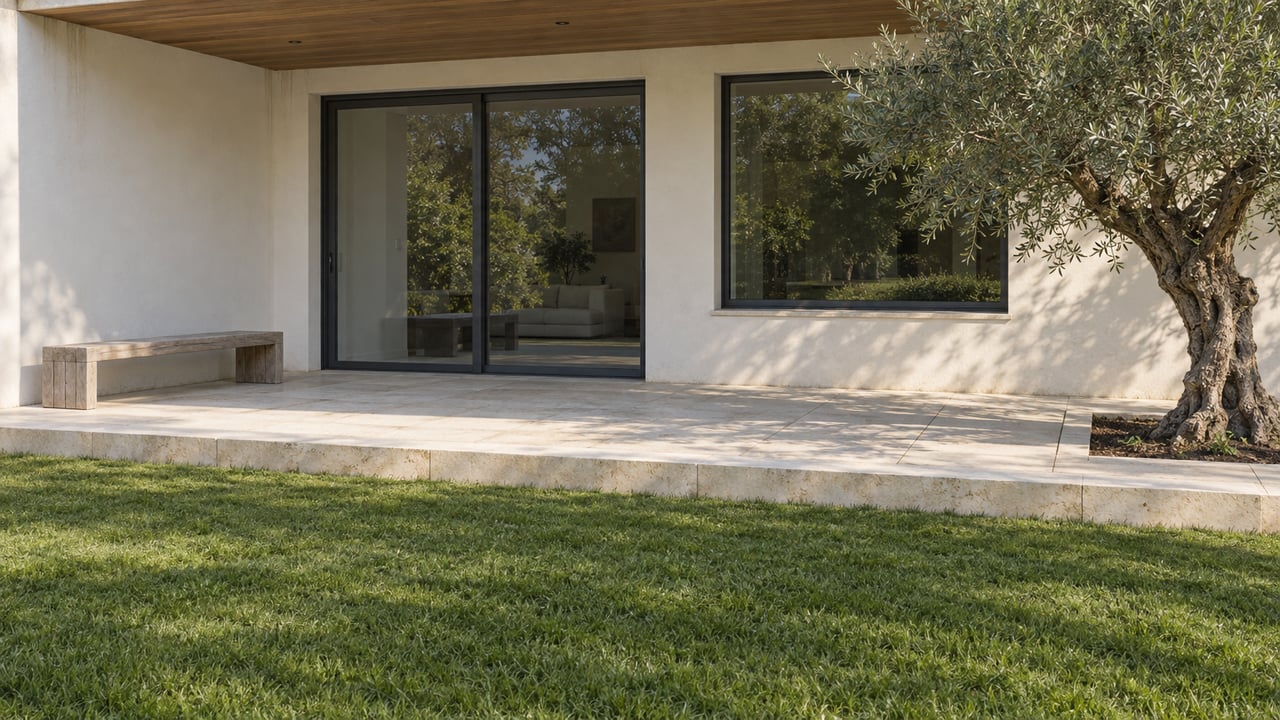 Contemporary home's covered limestone terrace with glazed doors, a weathered teak bench and a mature olive tree beside a broad lawn.