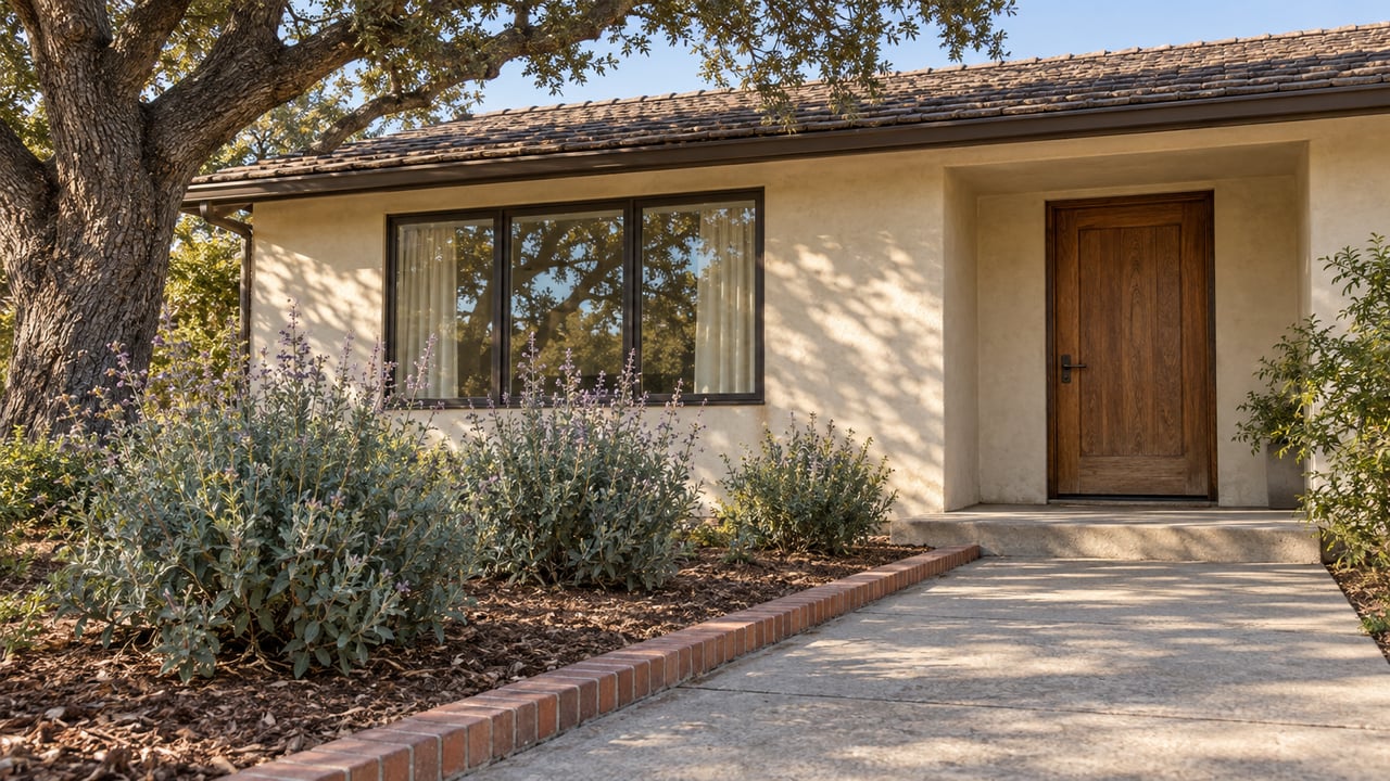Warm stucco home with a tiled roof, oak front door, broad window and concrete garden walk beside a mature oak and gray-green sage shrubs.