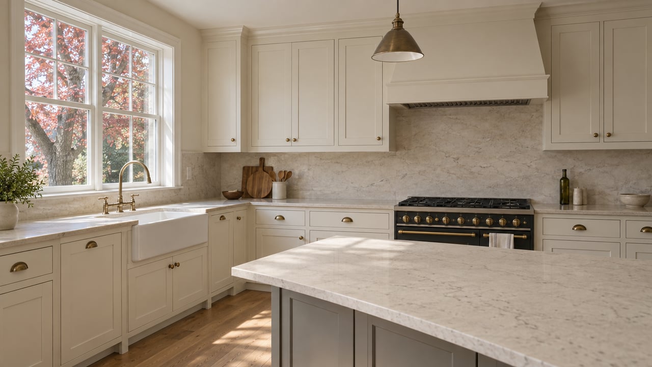 Updated kitchen with a quartz island, cream shaker cabinets, and a glazed sash window beside a mature maple.