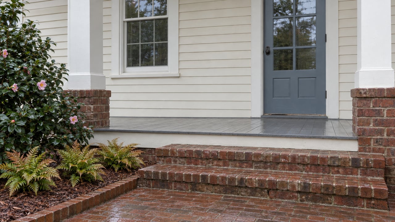 Rain-damp brick steps lead to a covered porch with ivory clapboards, a blue-gray glazed door and glossy camellia foliage.