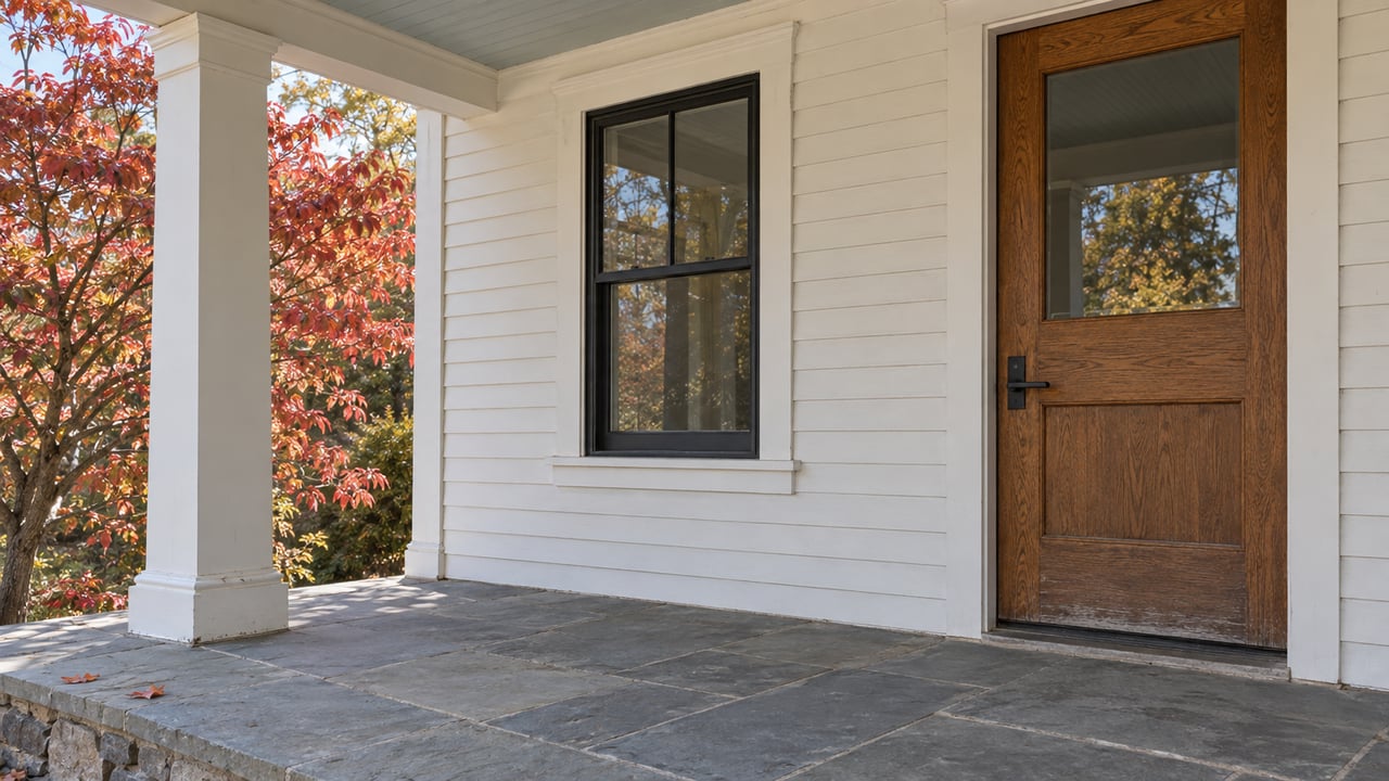 Sunlit covered porch with an oak front door, black sash window, bluestone floor and autumn dogwood beyond a white column.