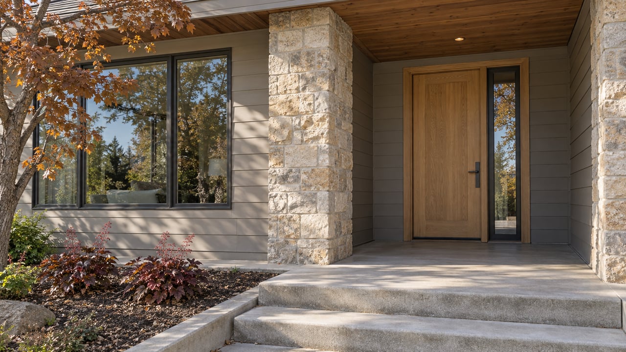 Covered home entry with pale textured stone, a natural oak door, gray siding and copper-colored oak leaves beside concrete steps.