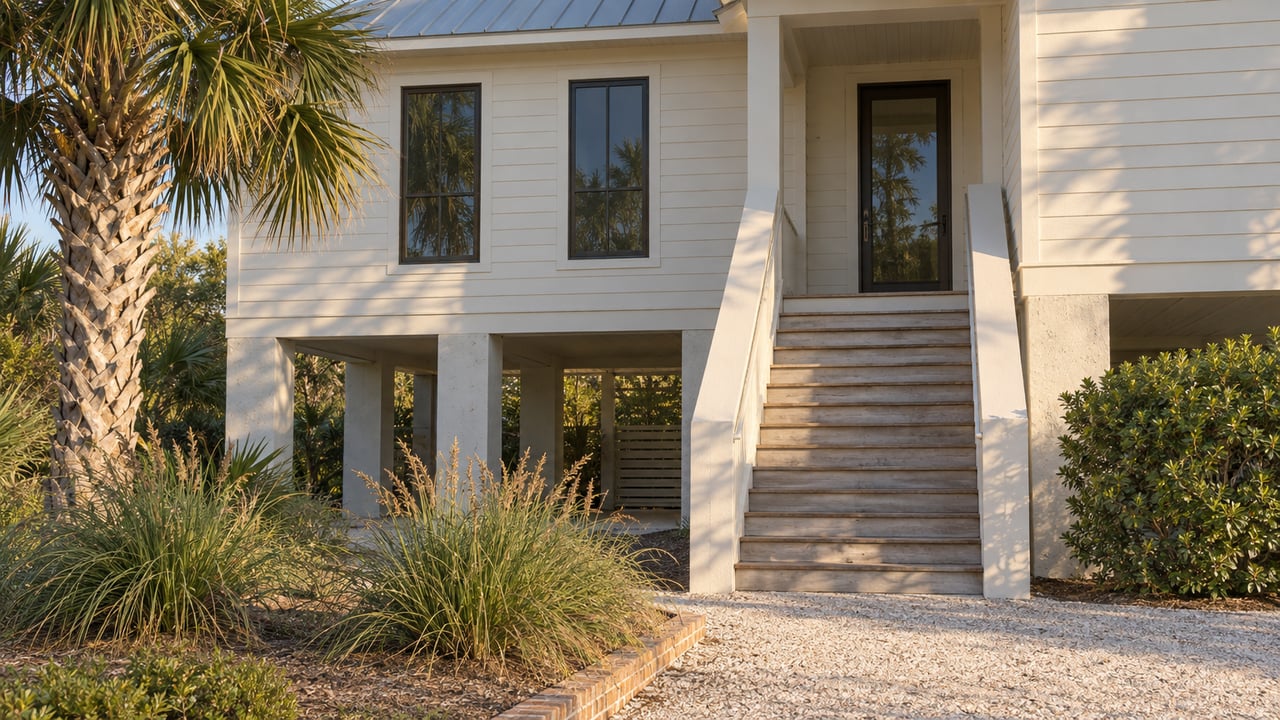 Elevated ivory beach house with timber entry stairs, shell path, and a palm in the front garden.