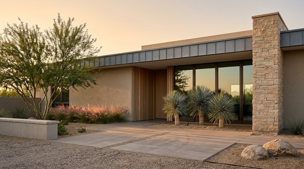 Contemporary desert estate with bronze-framed glass, a stacked-stone pier, and a palo verde tree beside the motor court.