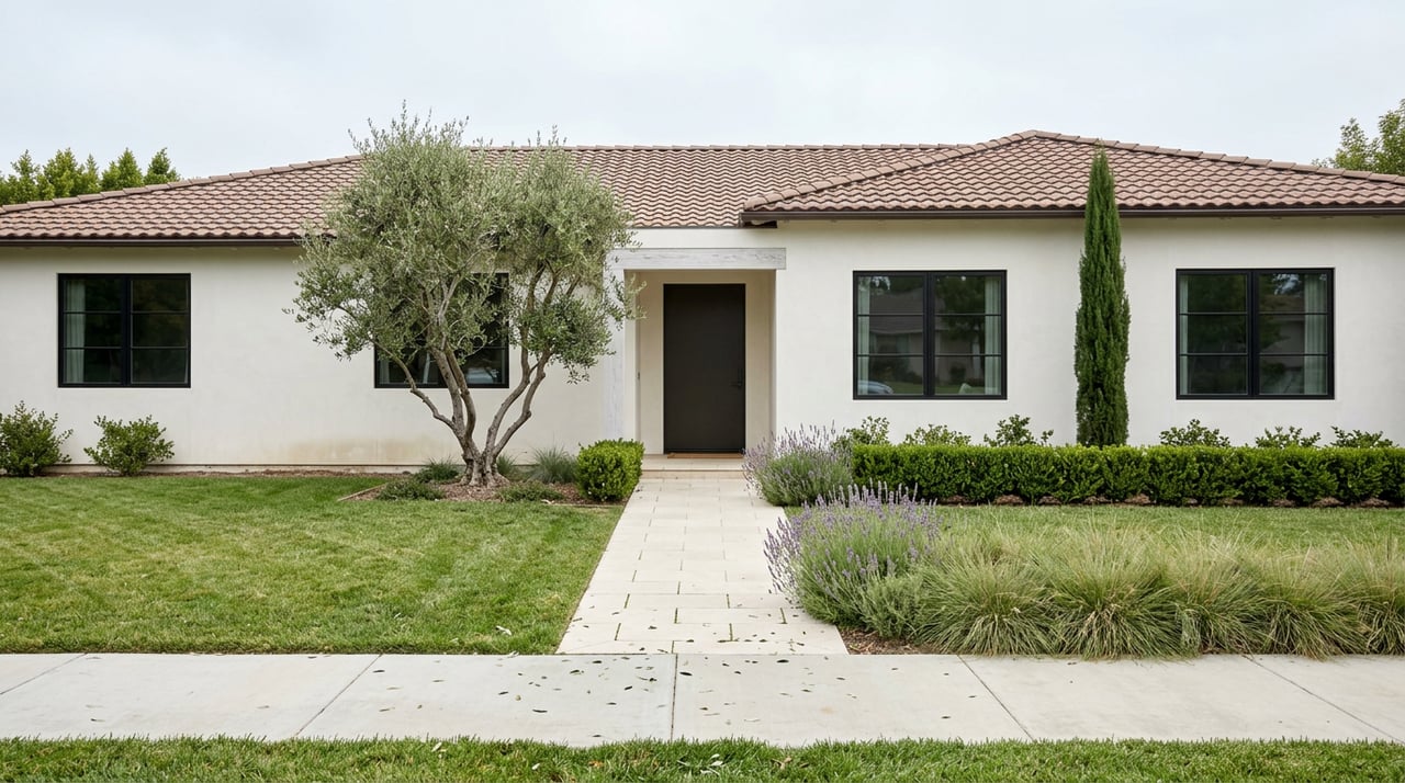 Single-story stucco home with terracotta roof, black-framed windows, limestone path, and olive tree in the front yard.