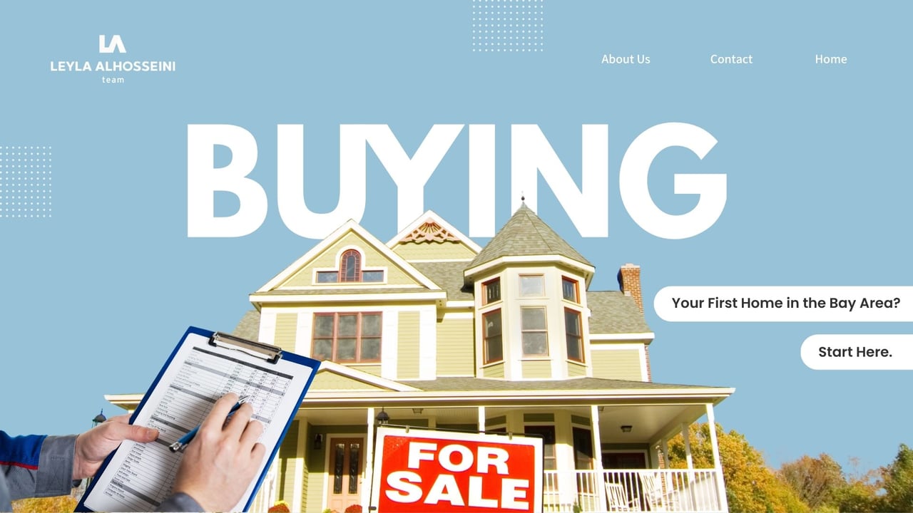 Home-buying banner with a Victorian-style house, for-sale sign, and clipboard beside a first-home message.
