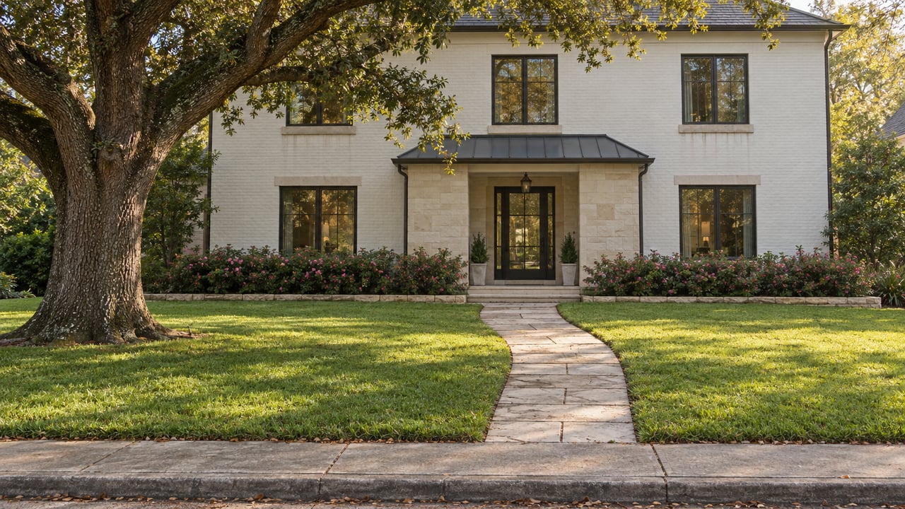 Warm-white brick house behind a broad lawn, with a curving paver walk and mature oak tree.