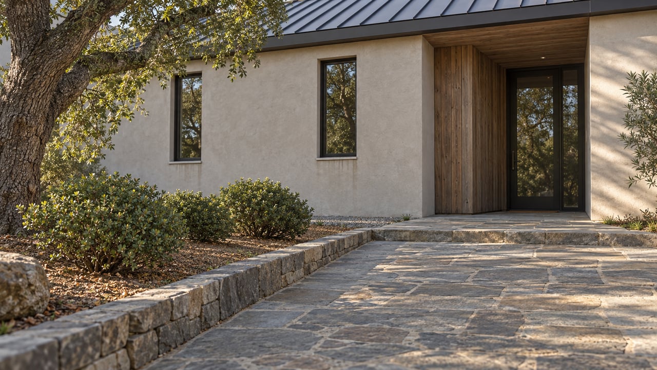 Hillside house with a recessed cedar entry, stone approach, and oak beside a spaced planting bed.