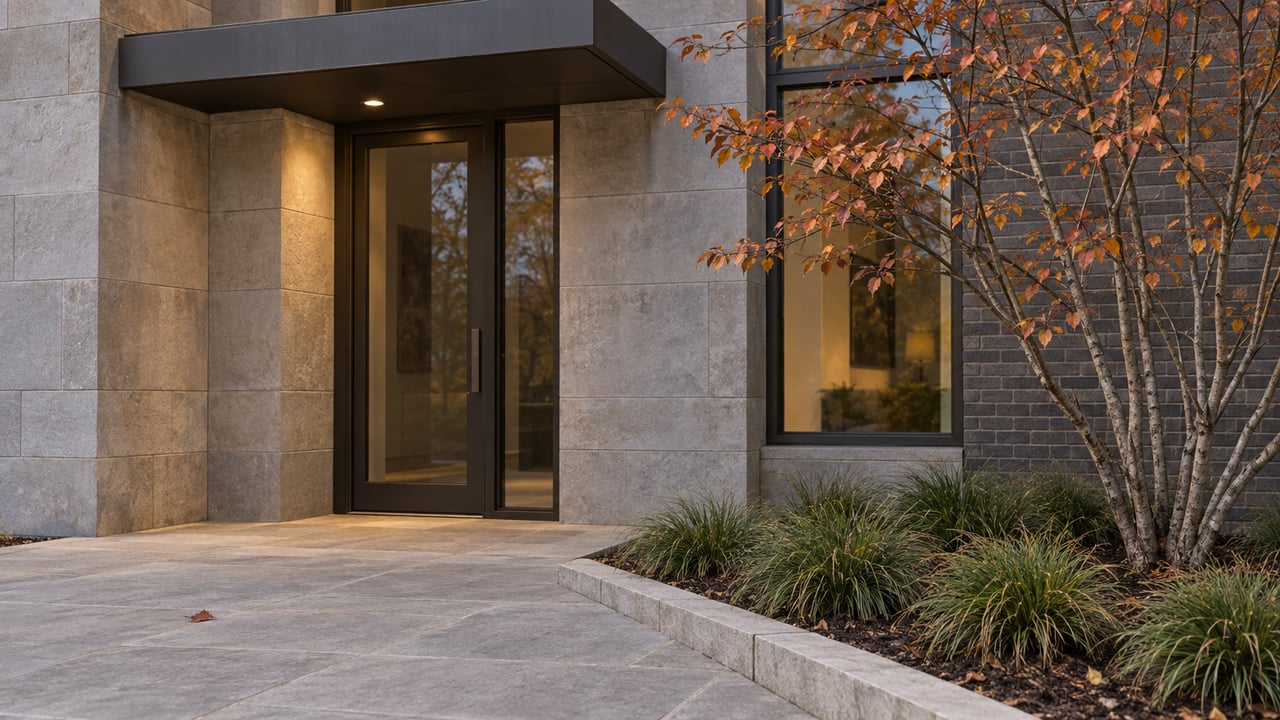 Limestone-and-bronze home entrance beside an autumn serviceberry, with a raised bed and warm canopy light.