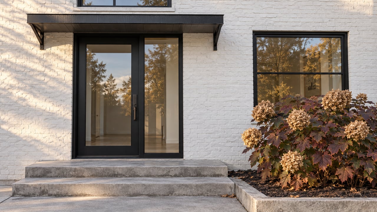 Autumn light crosses a white-painted brick entrance with black-framed glazing, limestone steps, and burgundy oakleaf hydrangea.
