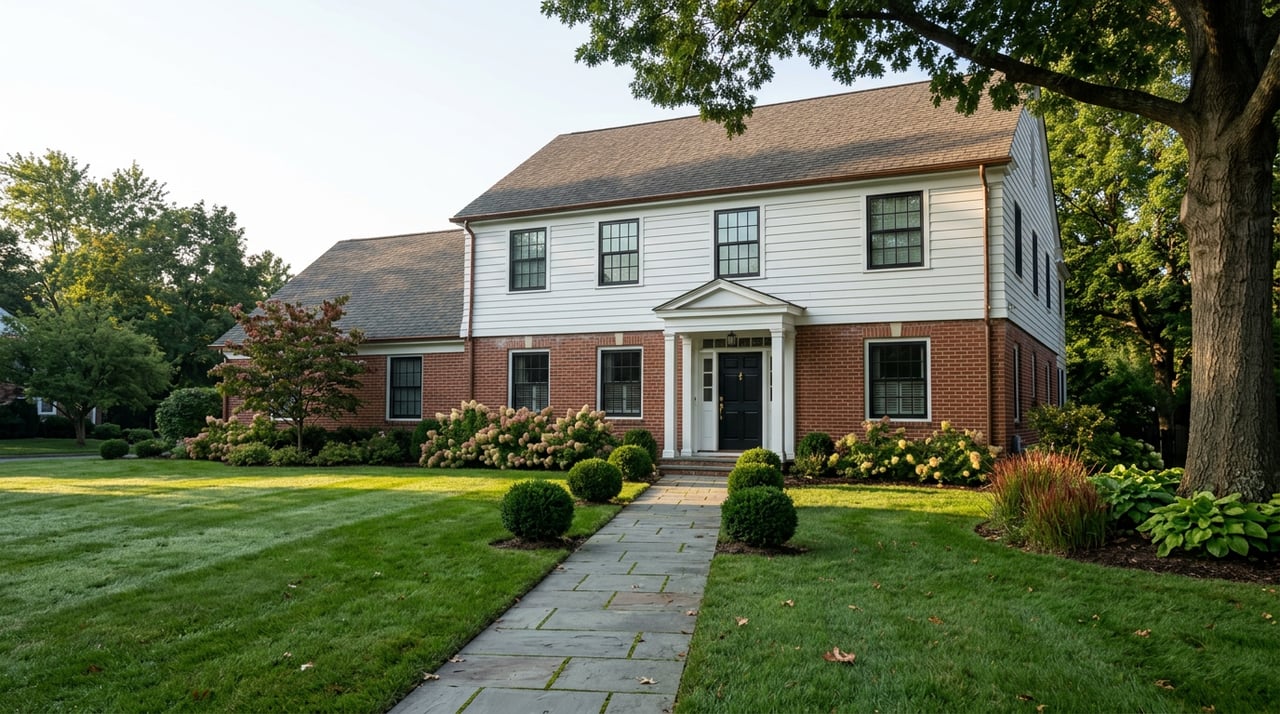 Set-back Colonial house with brick lower level, white clapboard siding, columned entry, and a bluestone walk across the lawn.