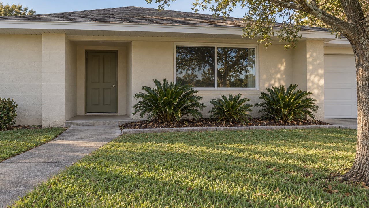 An ivory stucco ranch home with an olive front door, a concrete walk across the lawn and a mature live oak.