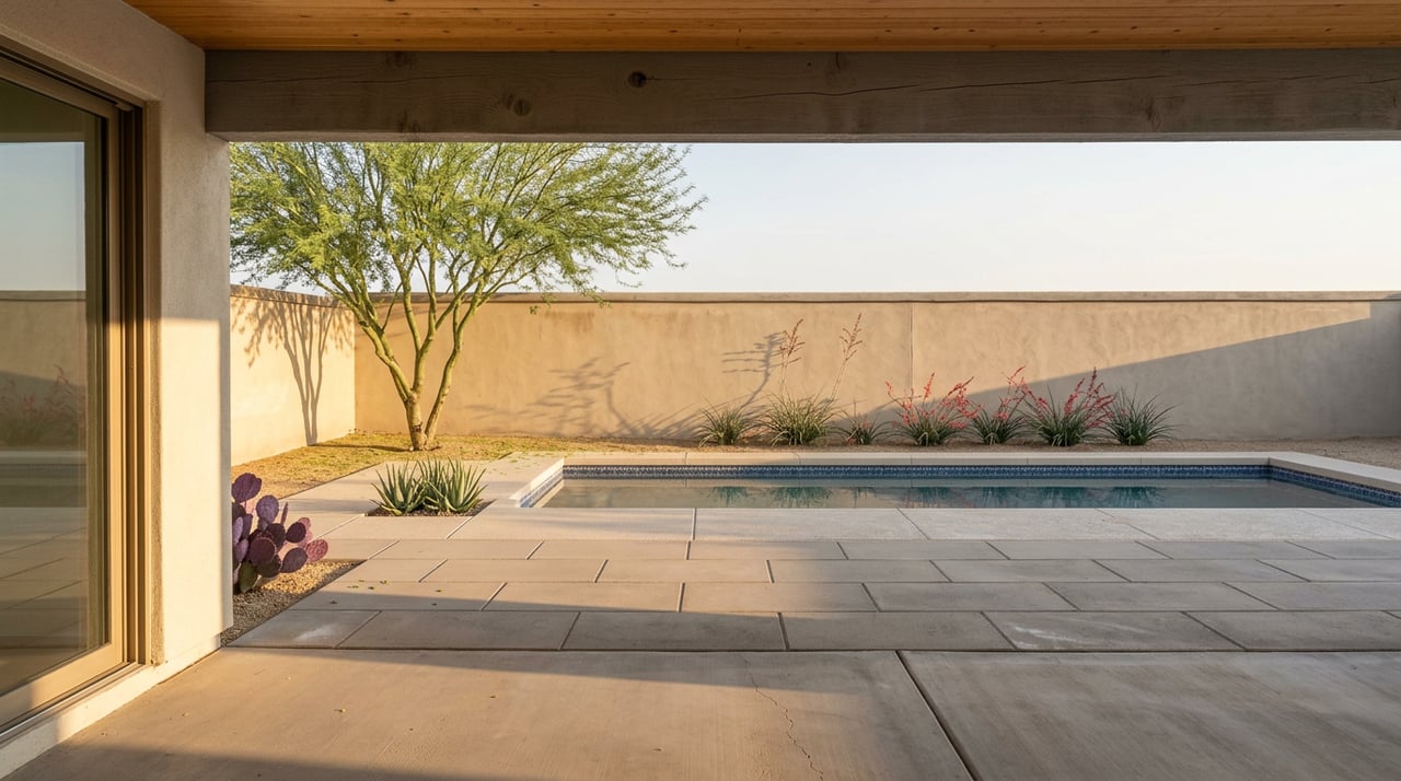 Covered patio opens onto a rectangular pool, with desert plants and a stucco garden wall beyond.