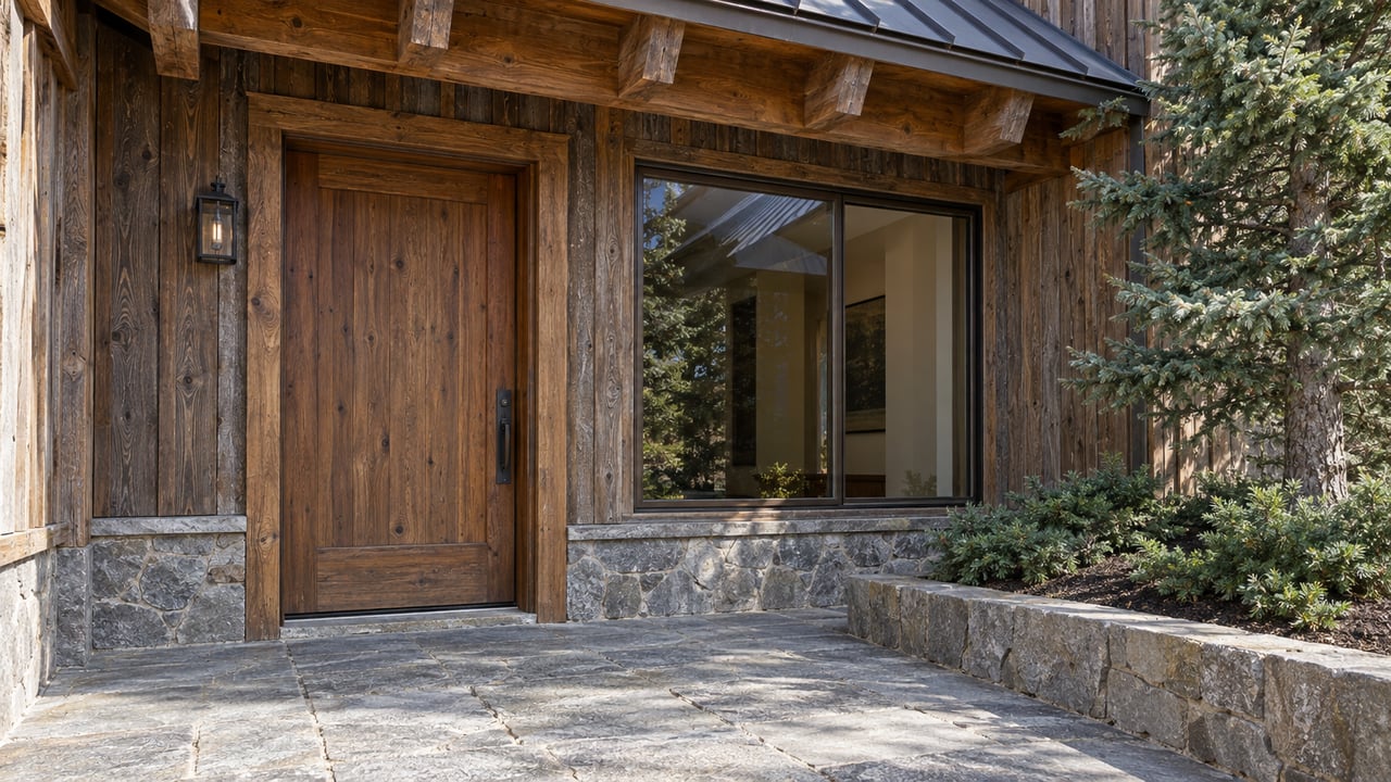 Timber lodge entrance beneath a pitched metal roof, with a stone landing and a raised bed containing spruce and juniper.