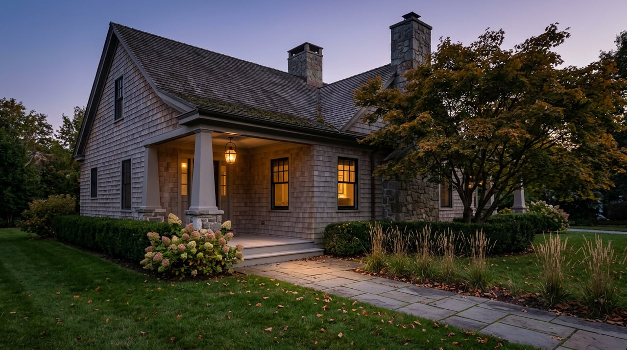 Shingle-sided home with a stone chimney, porch lantern, and warmly lit window at blue hour.