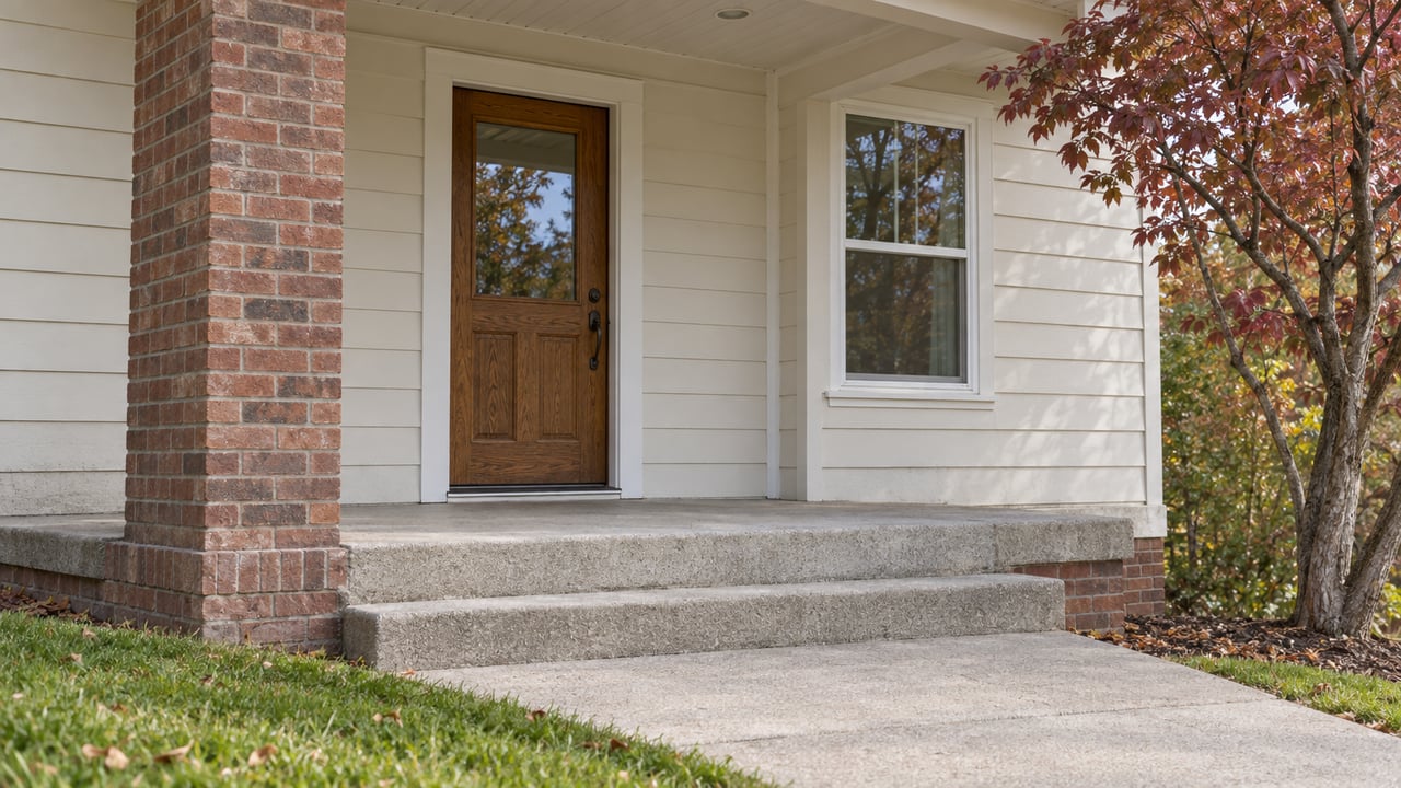 Covered home entry with an oak glazed door, red-brown brick pier, concrete steps, and burgundy dogwood foliage.