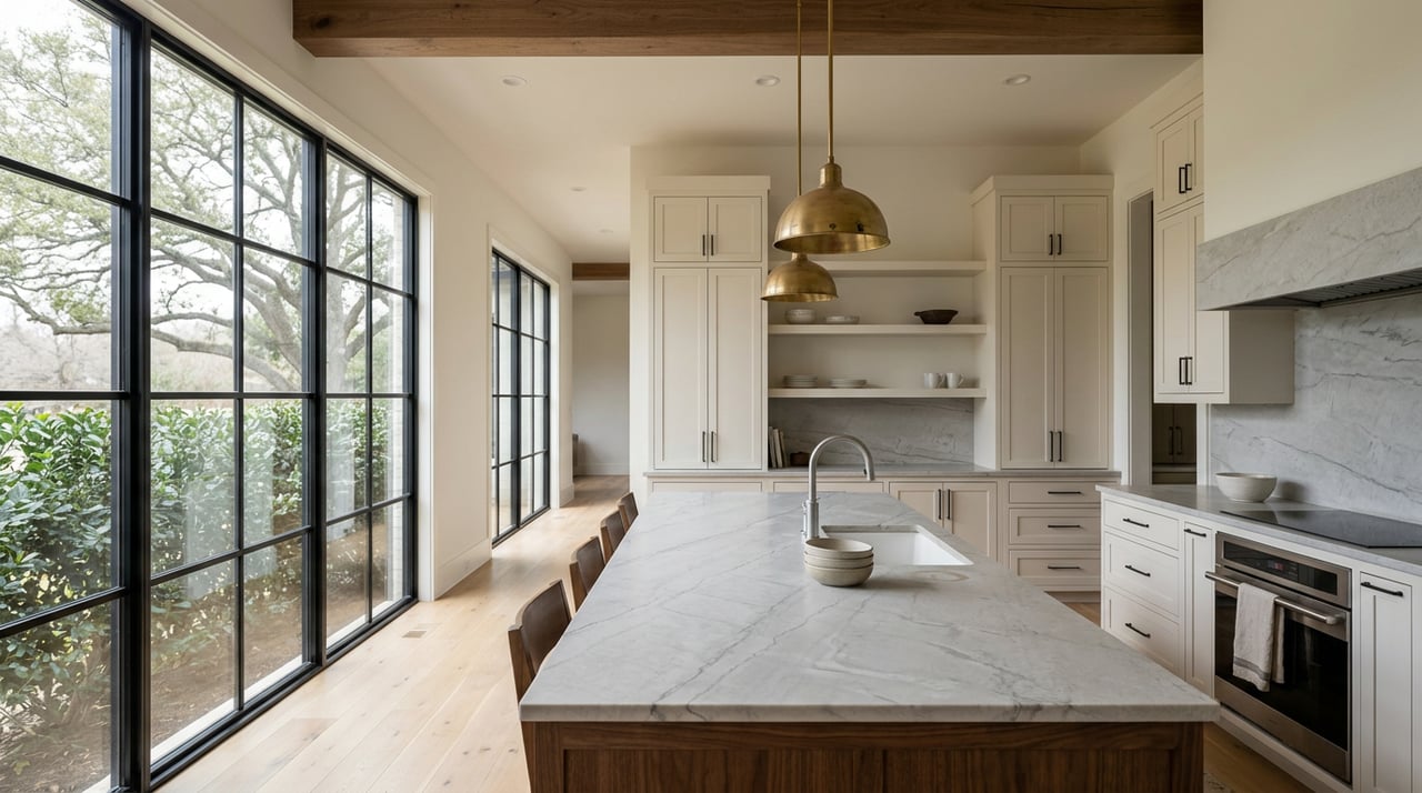 Kitchen with a walnut island, honed stone counters, white cabinetry, and a steel-framed glass wall overlooking trees.