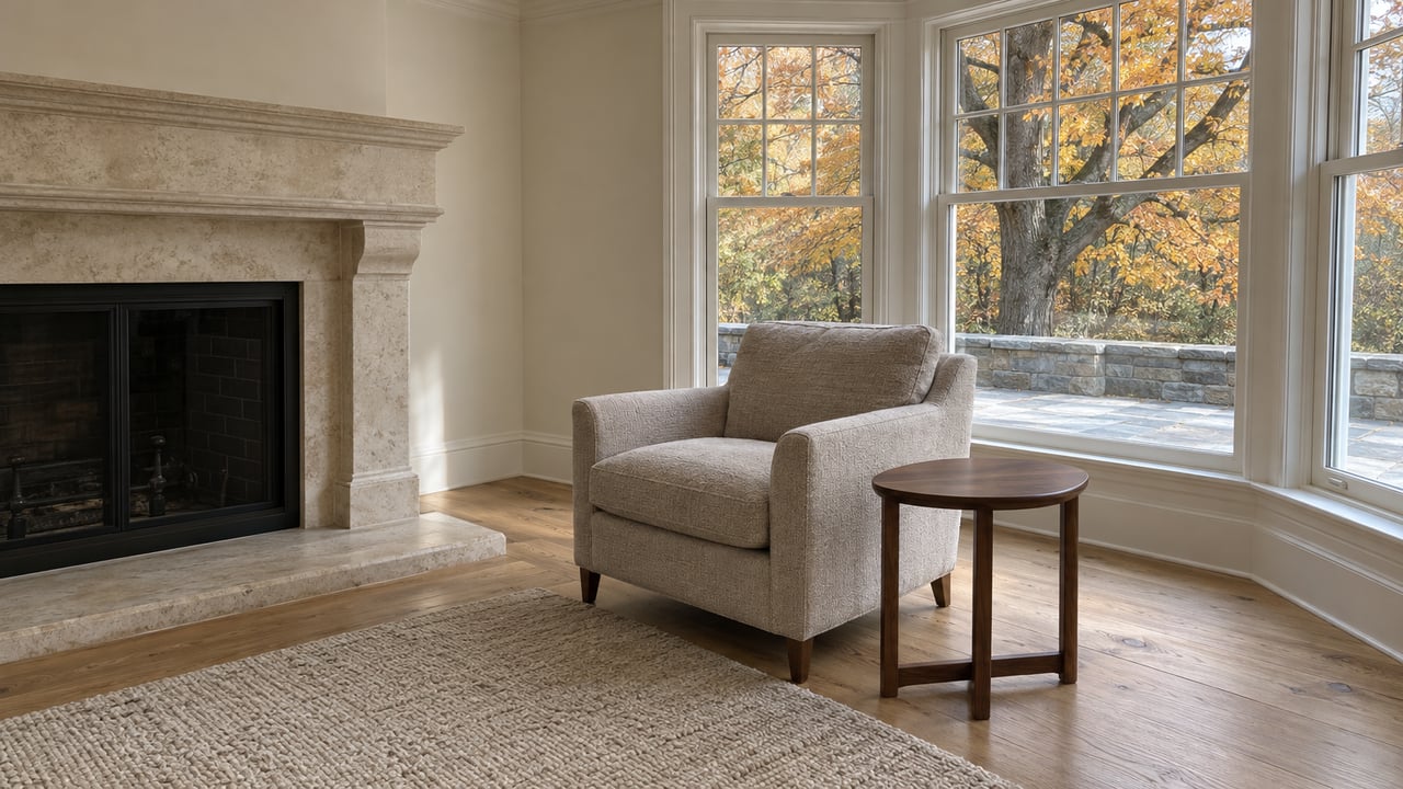 A quiet living-room corner with a pale limestone fireplace, wool lounge chair and oak floor beside windows overlooking autumn maple foliage.