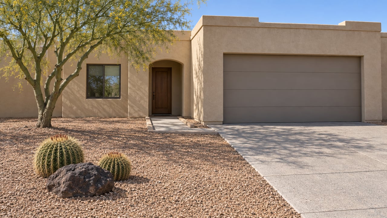 Low view across a gravel front yard toward a sand-stucco home with a recessed arched entry, broad garage, sculptural blue palo verde, and two barrel cacti.