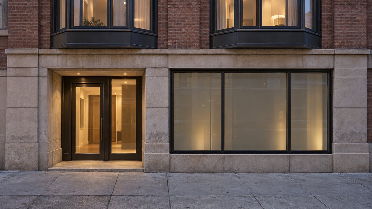 Russet-brick mixed-use facade with stacked bay windows above a recessed entry and closed glass storefront.