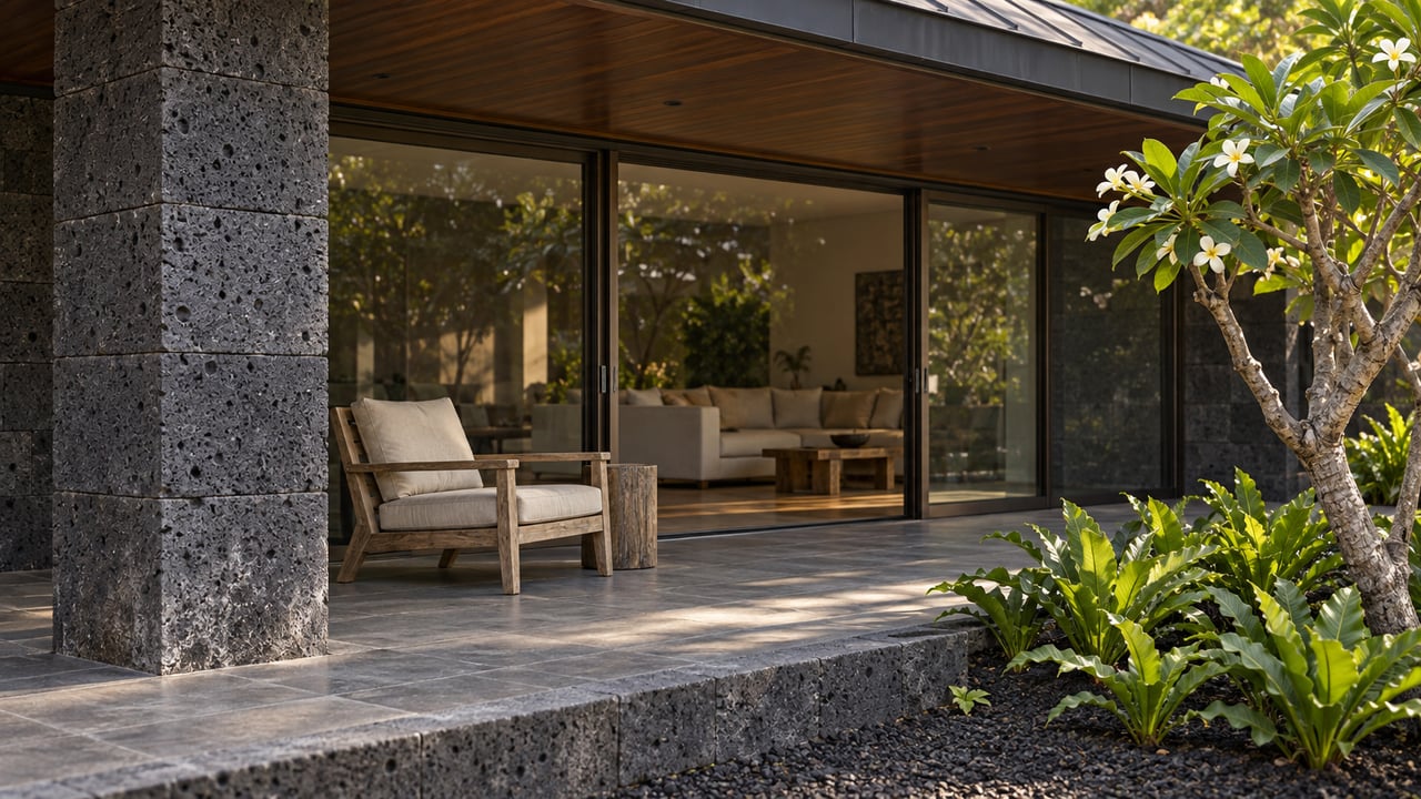 Shaded residential lanai with basalt stonework, bronze-framed sliding glass doors, a weathered teak chair and flowering plumeria.