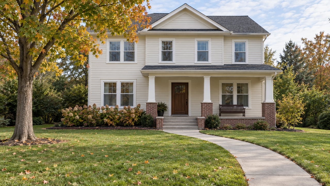 Ivory-sided two-story home with a raised front porch, broad lawn, and sugar maple beginning to turn amber.