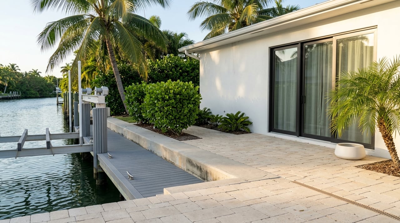 Luxury coastal home’s rear patio overlooking a private dock with a boat lift.