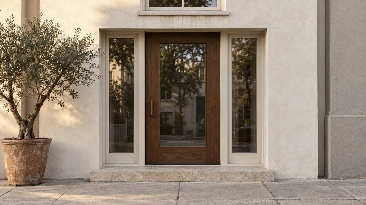 Recessed urban entry with a dark oak door, glazed sidelights, limestone step, and potted olive tree.