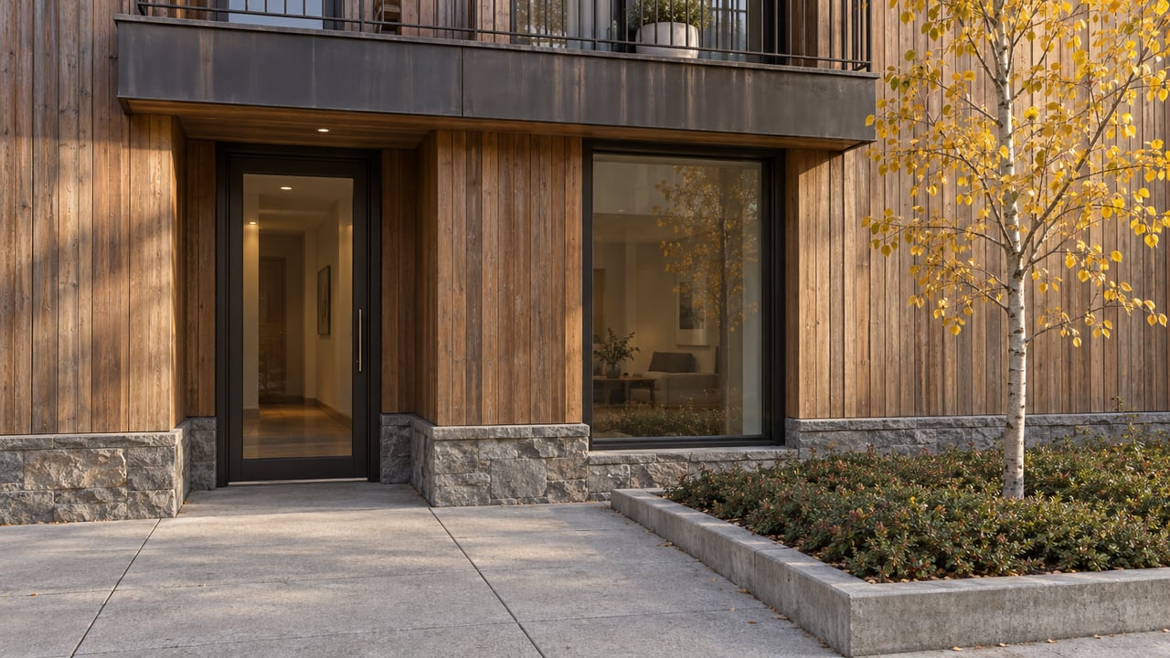 Three-story timber-clad apartment building with a recessed glass entry, balcony, and young golden-leaved aspen.