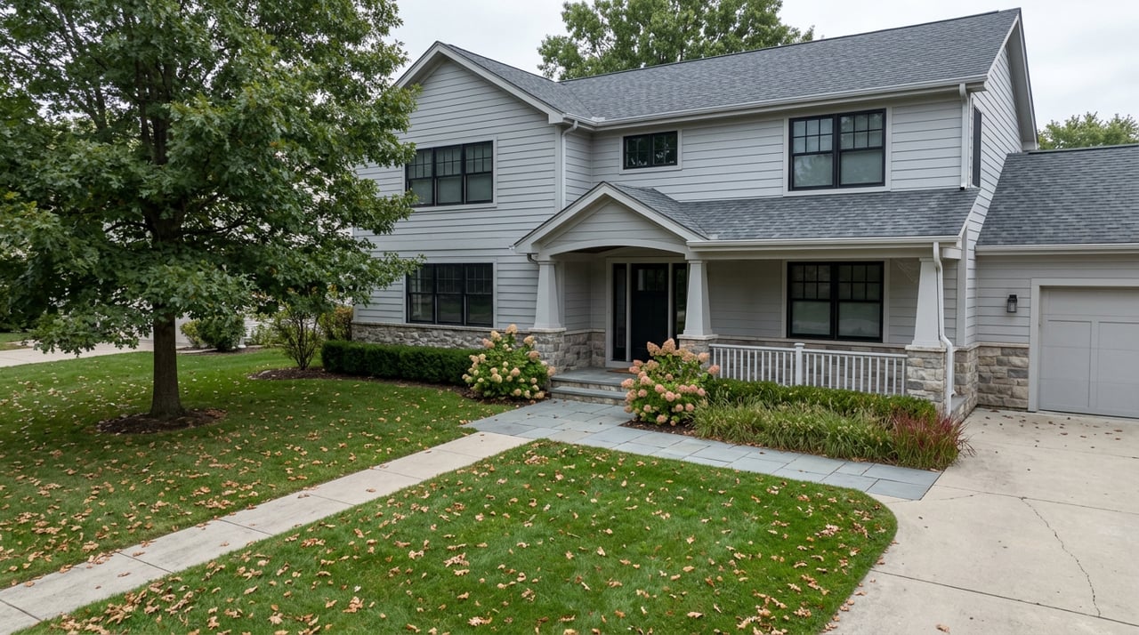 Two-story gray-sided home with stone entry columns, a broad lawn, diagonal bluestone walk, and mature oak.