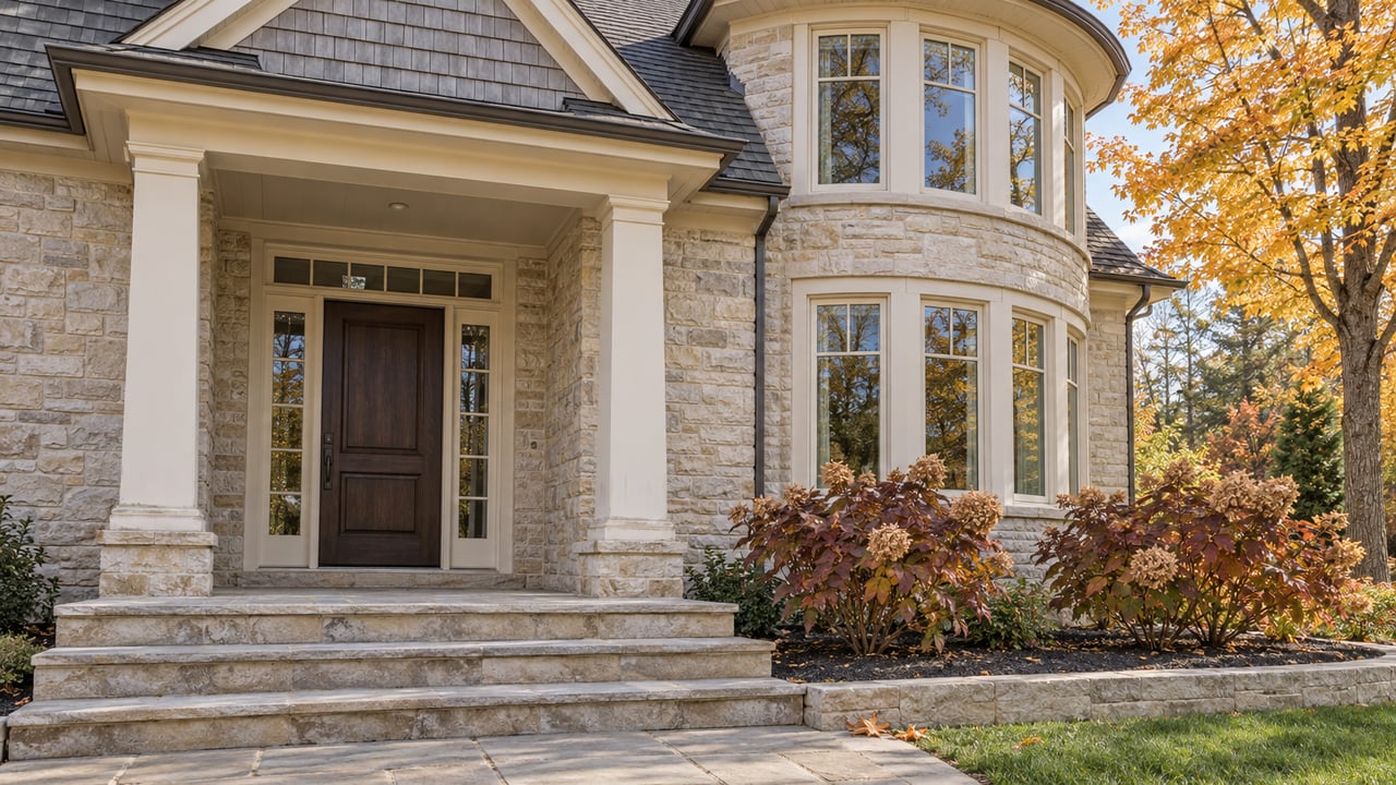 Limestone home entry beside a rounded window bay, with cedar shingles, broad stone steps and autumn maple foliage.