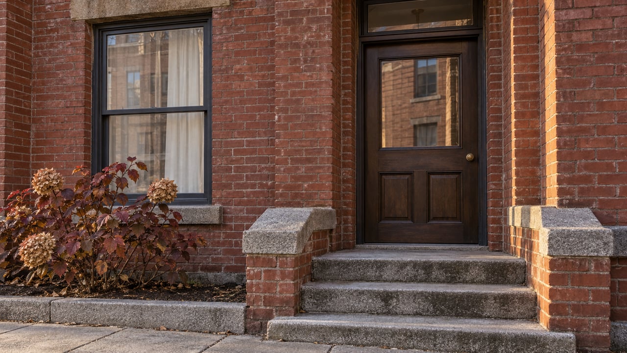 Autumn light rakes a brick townhouse entrance with a stained oak door, granite steps and burgundy oakleaf hydrangea.
