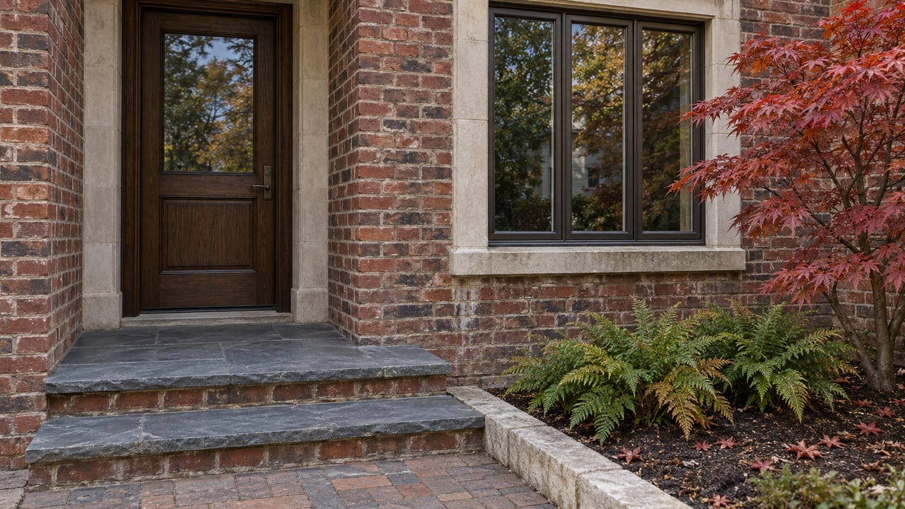 Weathered red-brick home entrance with limestone surrounds, slate steps and a copper-red Japanese maple beside a closed window.