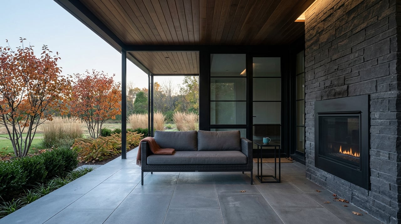 Covered porch with charcoal sofa, stone fireplace, teal mug, and autumn grasses beyond.