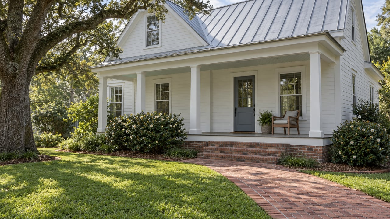 White-sided cottage with a silver metal roof, shaded porch, brick approach, and mature live oak beside a compact front lawn.