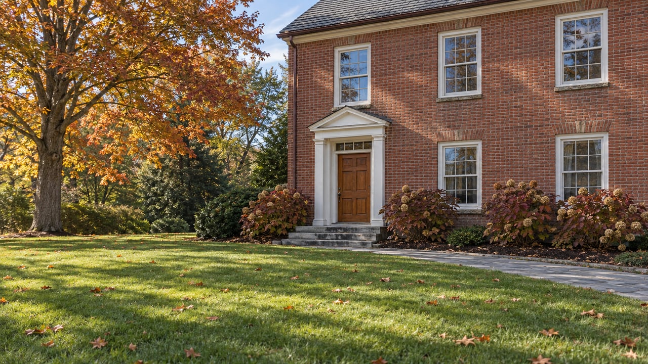 Autumn sunlight across a deep front lawn, a mature maple and the brick entry of a traditional home with white sash windows and granite steps.