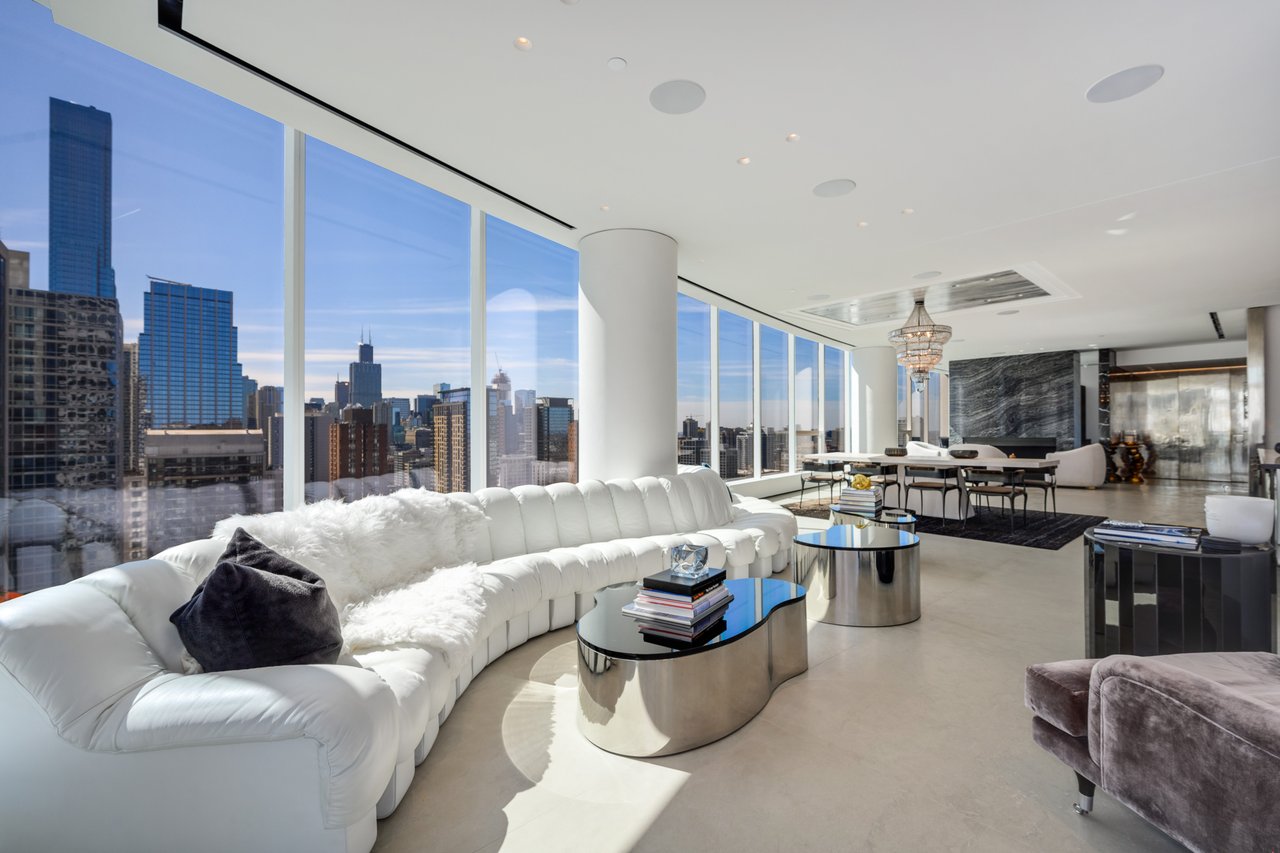 Elegant living room at 30 W Oak Street, Apt 23A in Chicago's Gold Coast