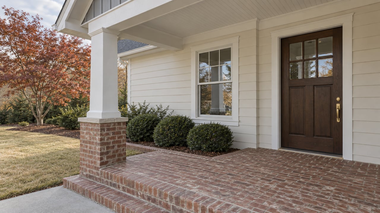 Covered front porch with cream siding, brick flooring, a dark timber entrance door and a russet-leaved maple beyond the lawn.